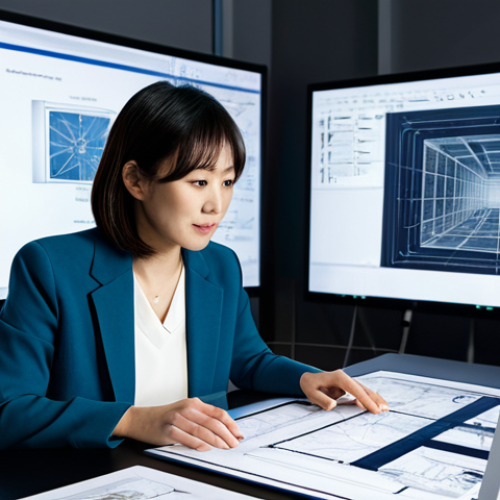 A professional space designer, an experienced Japanese woman in her 30s-40s, wearing a modest business casual outfit, sits at a futuristic desk. She is interacting with a holographic display, showing architectural renderings and AI-generated design options. In the background, traditional drafting tools like a T-square and blueprints are subtly visible next to a large digital screen displaying a collaborative design session with diverse clients. The studio is bright, clean, and filled with natural light, blending traditional craftsmanship with advanced technology. She has perfect anatomy, correct proportions, well-formed hands, proper finger count, and natural body proportions, captured in a natural pose. High-resolution, professional photography, studio lighting. safe for work, appropriate content, fully clothed, professional, modest clothing.