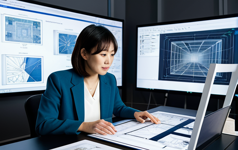 A professional space designer, an experienced Japanese woman in her 30s-40s, wearing a modest business casual outfit, sits at a futuristic desk. She is interacting with a holographic display, showing architectural renderings and AI-generated design options. In the background, traditional drafting tools like a T-square and blueprints are subtly visible next to a large digital screen displaying a collaborative design session with diverse clients. The studio is bright, clean, and filled with natural light, blending traditional craftsmanship with advanced technology. She has perfect anatomy, correct proportions, well-formed hands, proper finger count, and natural body proportions, captured in a natural pose. High-resolution, professional photography, studio lighting. safe for work, appropriate content, fully clothed, professional, modest clothing.