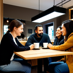 **

"A modern cafe interior, designed with a "quiet urban escape" concept. Earth-tone walls, carefully arranged seating for both solo and group visitors, and color-temperature-adjustable lighting. Fully clothed patrons are enjoying coffee. Soft, diffused lighting, professional photography, safe for work, appropriate content, fully clothed, family-friendly, perfect anatomy, natural proportions, well-formed hands, proper finger count."

**