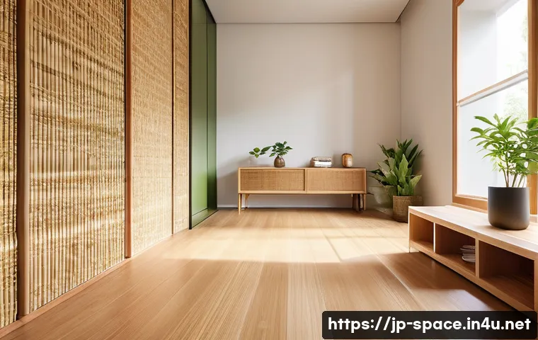 공간디자인 분야의 최신 연구 - A modern sustainable interior space featuring eco-friendly materials such as bamboo panels and recyc...