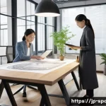 공간디자인 이직 성공 전략 - A modern interior design studio scene showcasing a diverse team of professionals collaborating on a ...