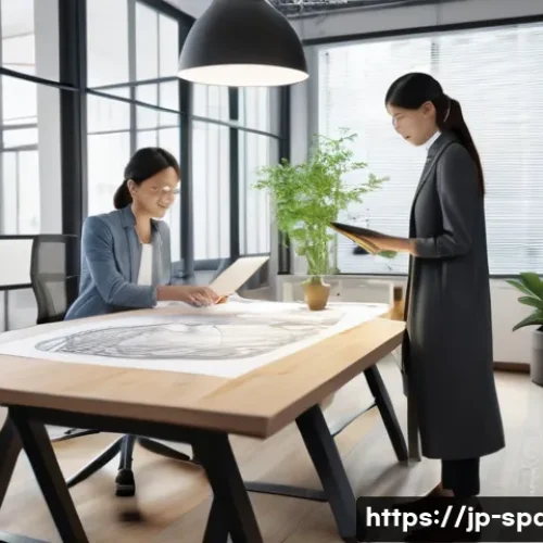 공간디자인 이직 성공 전략 - A modern interior design studio scene showcasing a diverse team of professionals collaborating on a ...