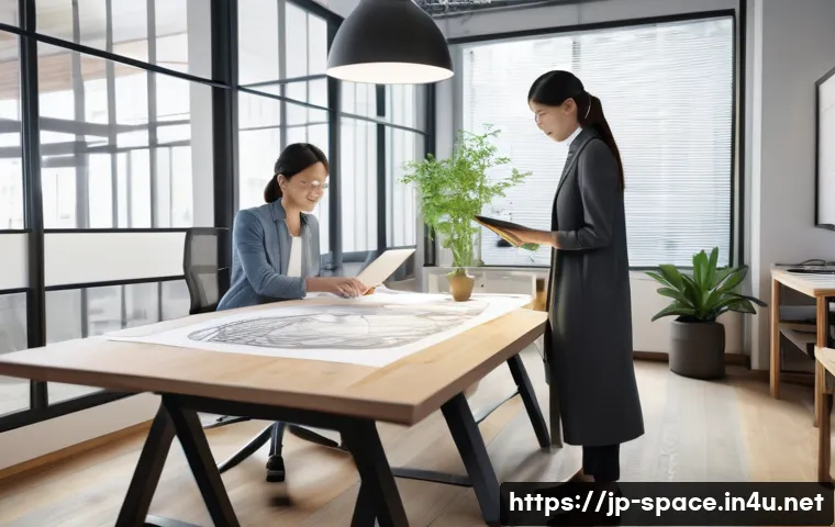 공간디자인 이직 성공 전략 - A modern interior design studio scene showcasing a diverse team of professionals collaborating on a ...