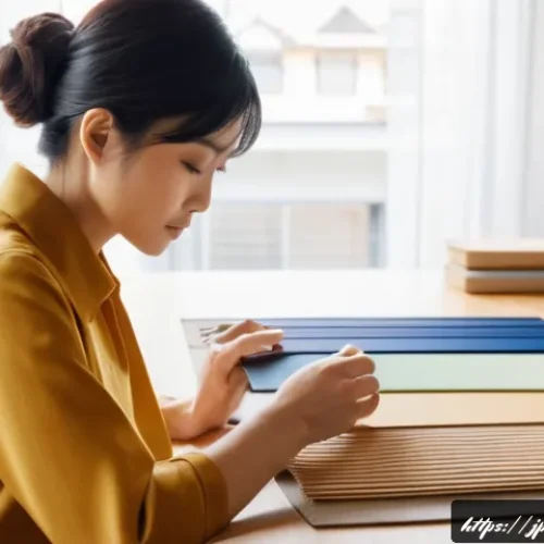 공간디자인 소재 리서치 방법 - A modern interior design studio scene showcasing a designer analyzing various material samples under...