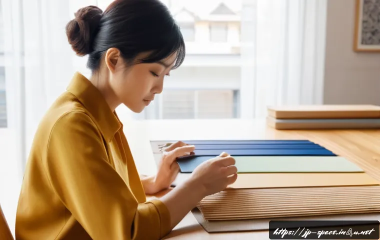 공간디자인 소재 리서치 방법 - A modern interior design studio scene showcasing a designer analyzing various material samples under...