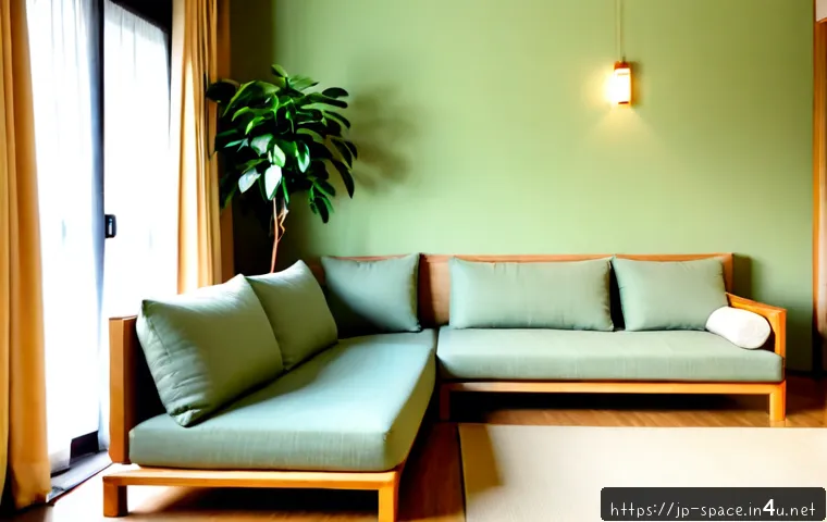 공간디자인 색채 계획과 심리학 - Photorealistic modern Japanese-inspired living room designed for calm and relaxation, soft sage gree...