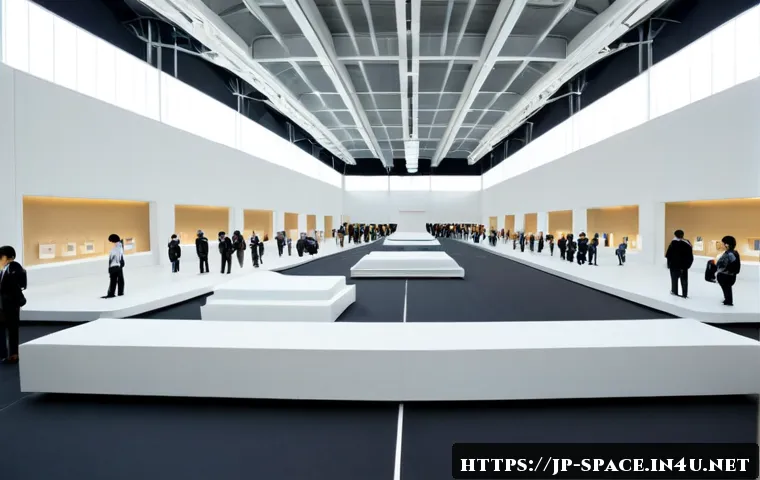 공간디자인 관련 전시회 정보 - Photorealistic contemporary spatial design exhibition inside a spacious Japanese convention hall, el...